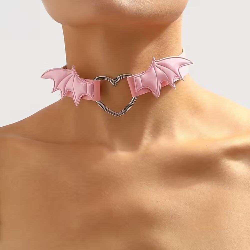 Wicked Silk Emo, Punk, Cute Anime Cosplay Heart Devil Wings Choker Pink - Picture 2 of 3